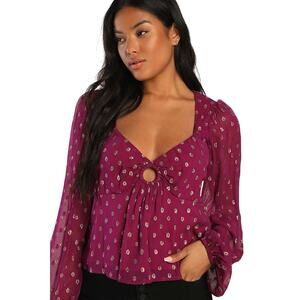 Lulu’s Give Us Glam Plum Purple Gold Foil Dot Long Sleeve Top Size Small